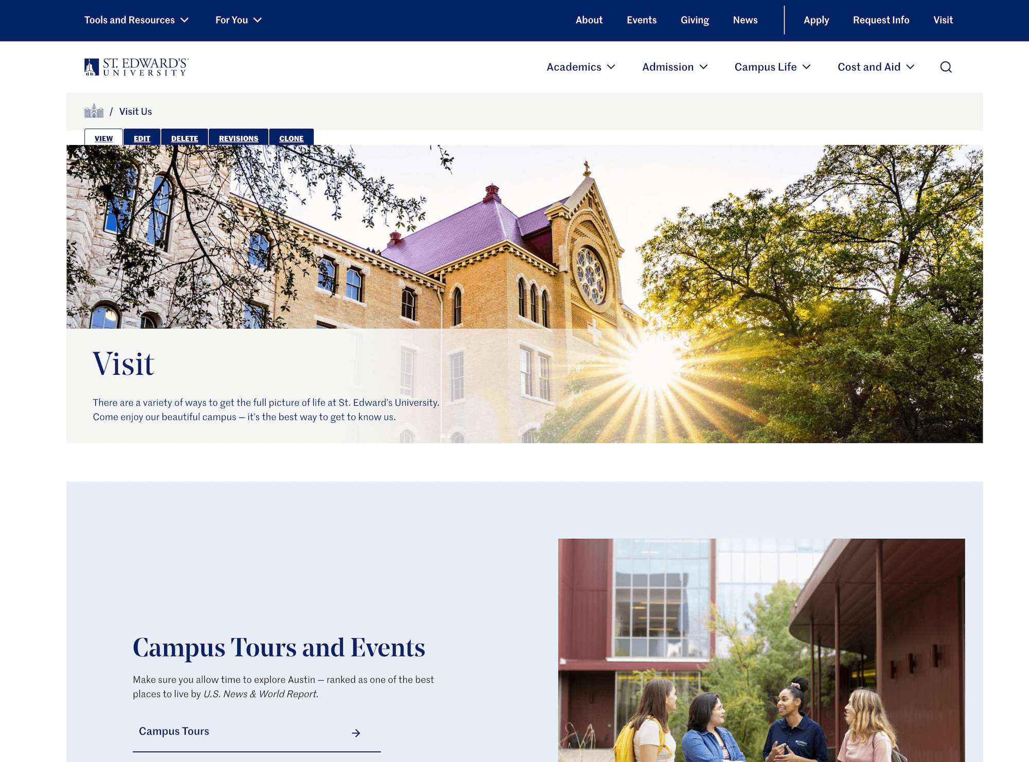 The image shows a webpage from St. Edward's University titled "Visit." It features a large banner with a photo of a campus building and the sun shining through trees. Below, there's a section about "Campus Tours and Events," highlighting information on campus tours with a link for further exploration. The design is clean with a modern layout and large imagery.