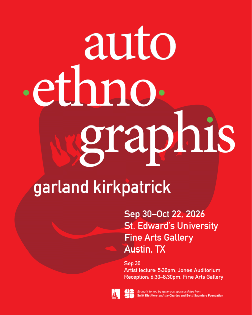 Red poster with a stylized illustration of a solidarity fist behind the words announcing a design exhibit auto•ethno•graphis by Garland Kirkpatrick