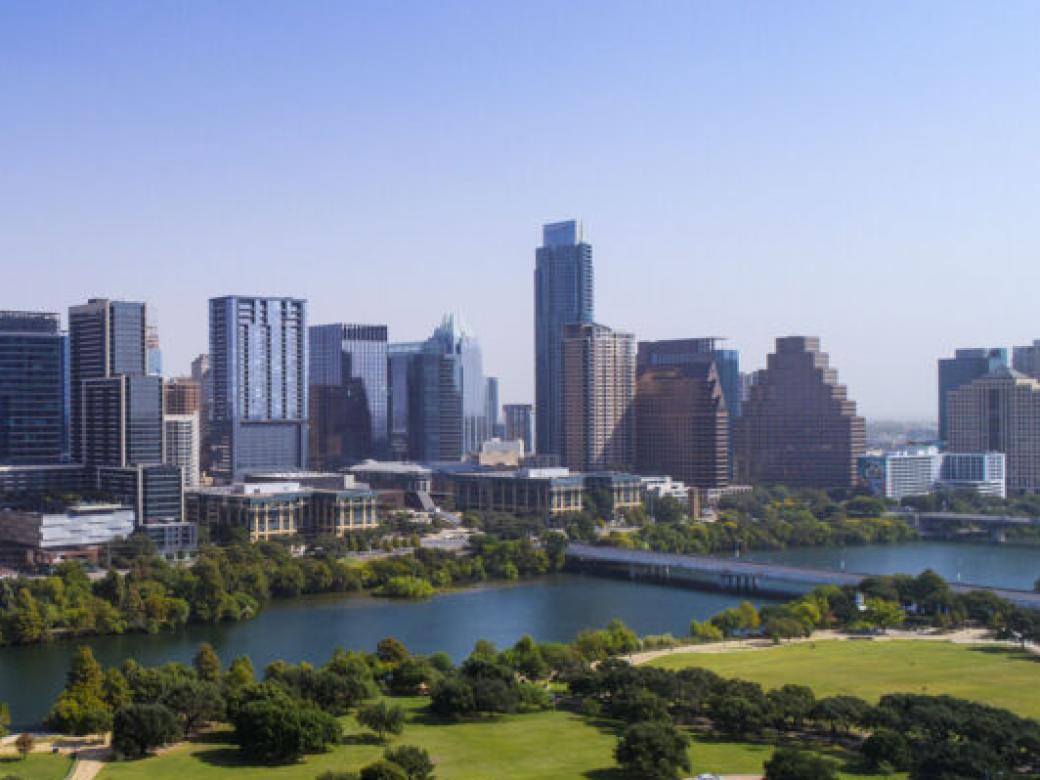 An aerial view of downtown Austin, Lady Bird Lake and Auditorium Shores.