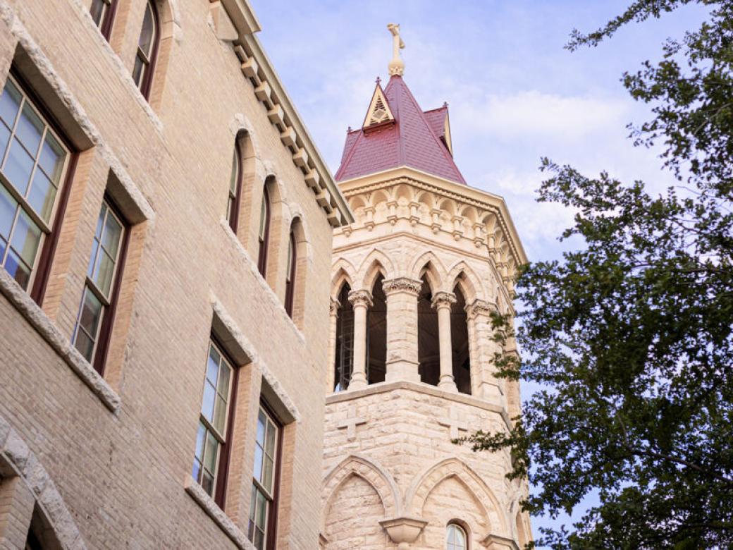 Looking up at Main Building's steeple, with trees branches framing it on the right.