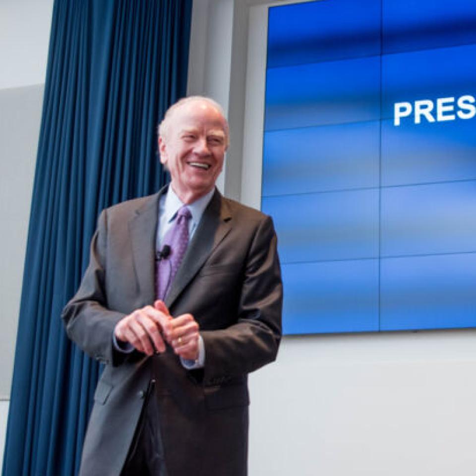 Dr. George E. Martin speaks at a university president's meeting in March of 2020