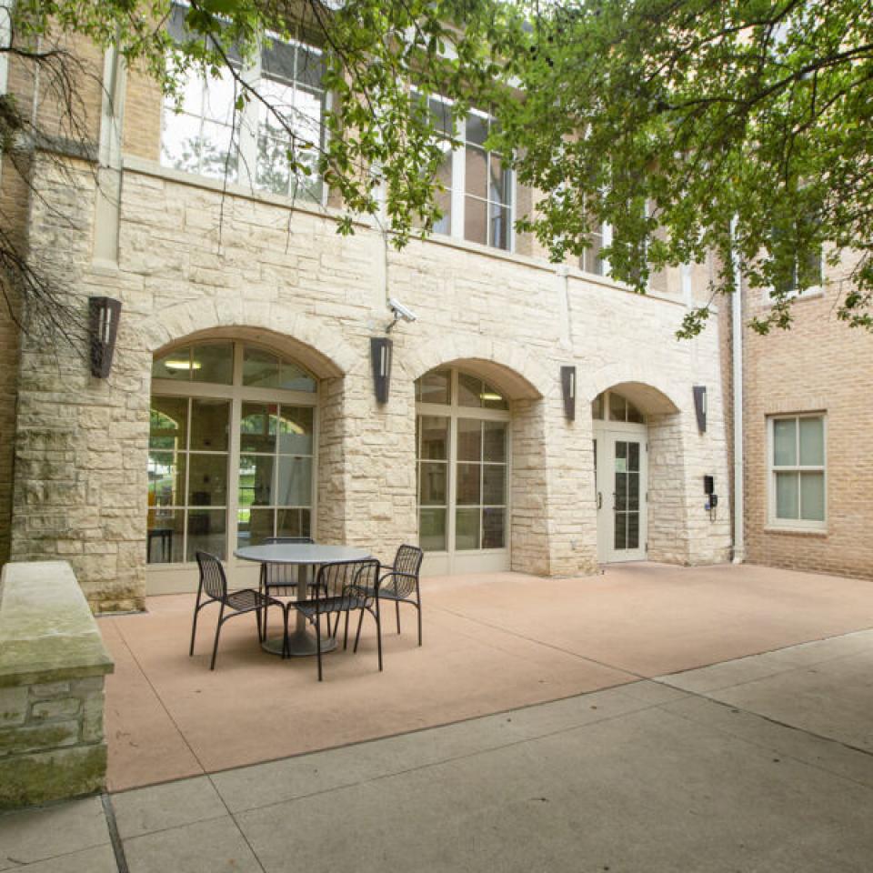 Outside seating area in Basil Moreau Hall