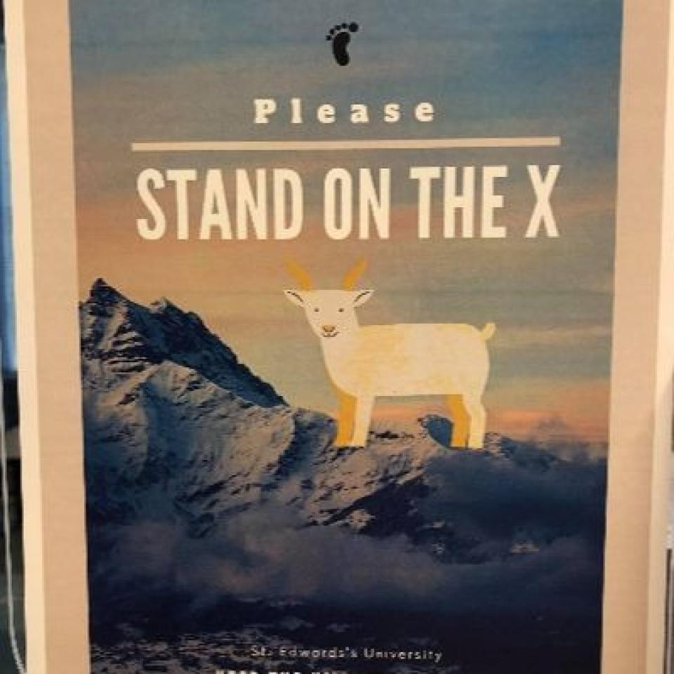 A sign reads Please Stand on the X and shows an illustrated goat on a mountain.