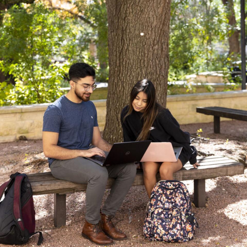 Sabur Khan sharing computer under a tree on campus