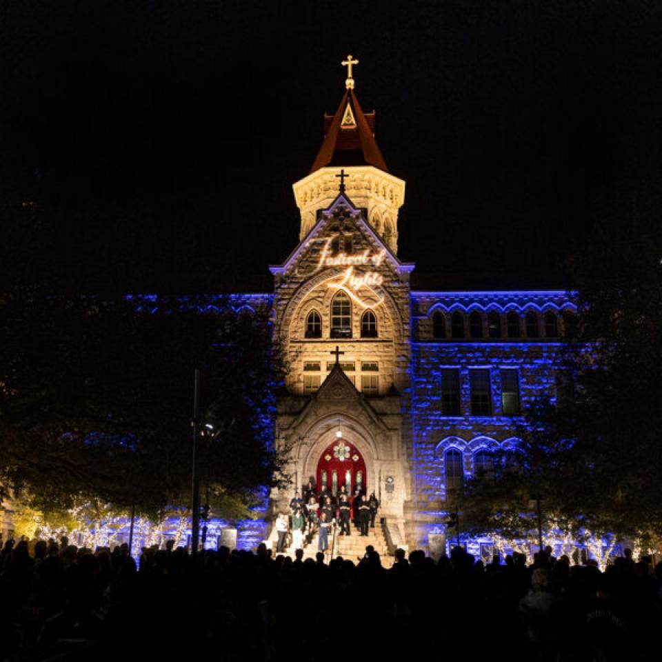 Main Building lit up with christmas lights