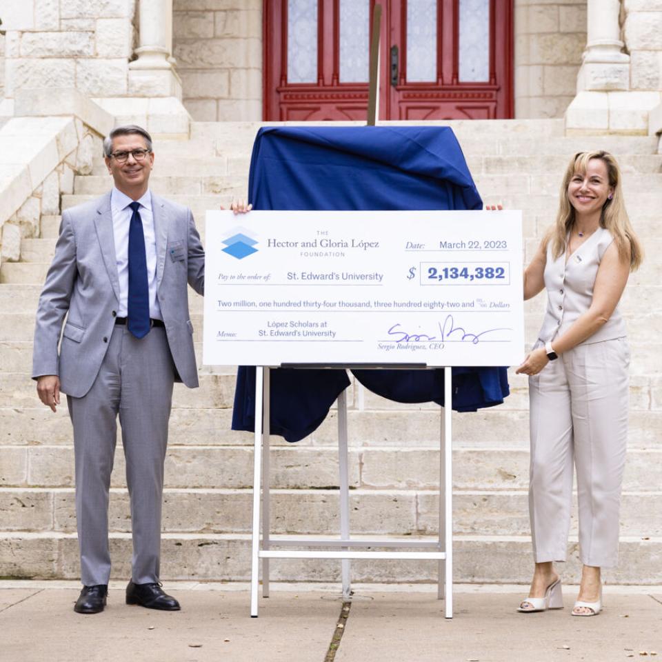 HGLF CEO Sergio Rodríguez and St. Edward's University President Montserrat Fuentes Grant Announcement