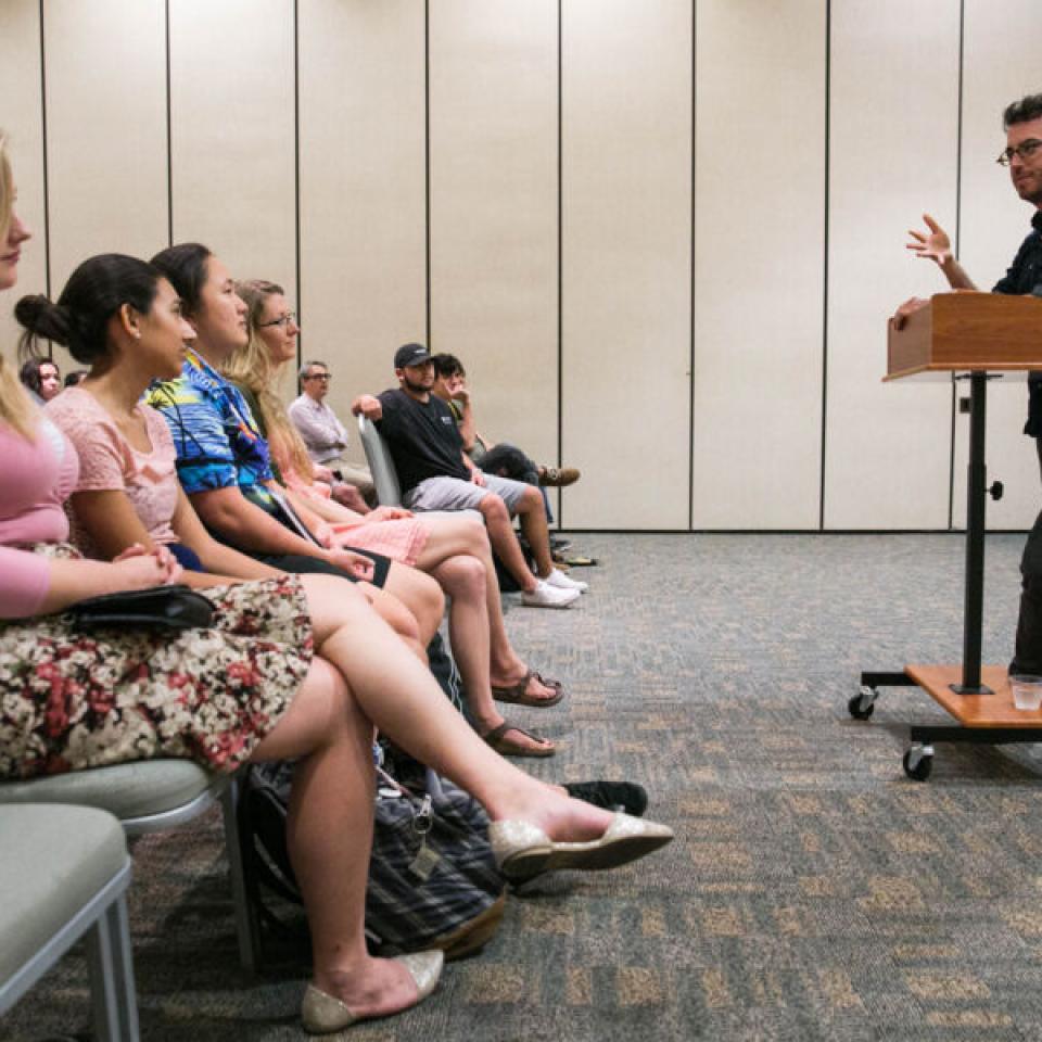 Jonathan Safran Foer speaking to students