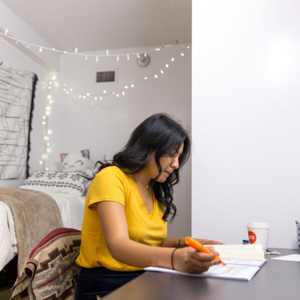 Johavana Avila studying in her room