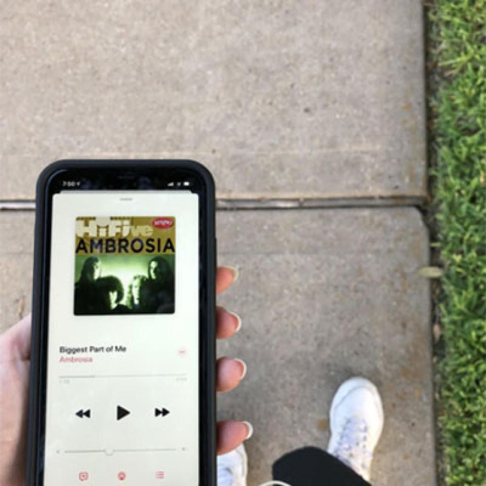 An iPhone plays music.