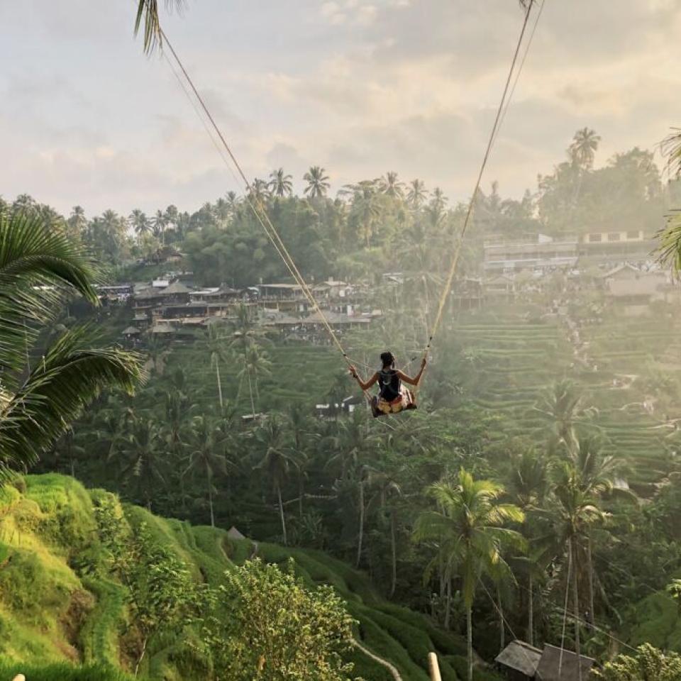 Aida Domingo swings across a tree canopy.