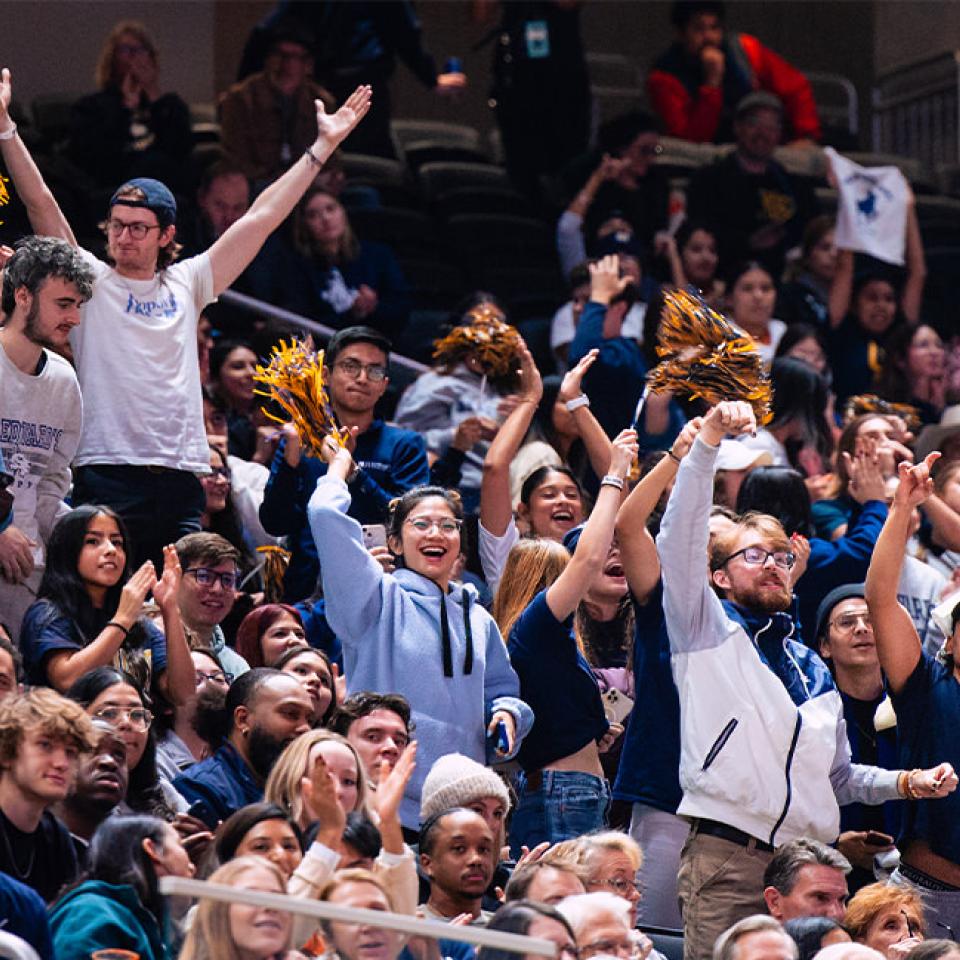 The image shows a lively crowd of fans in an arena, enthusiastically cheering during a basketball game. Many are waving gold and blue pom-poms and raising their arms in excitement. The spectators are dressed in various outfits, including team colors and casual wear, creating a vibrant and supportive atmosphere. The diverse crowd is clearly engaged in the game, contributing to the electric energy of the event.