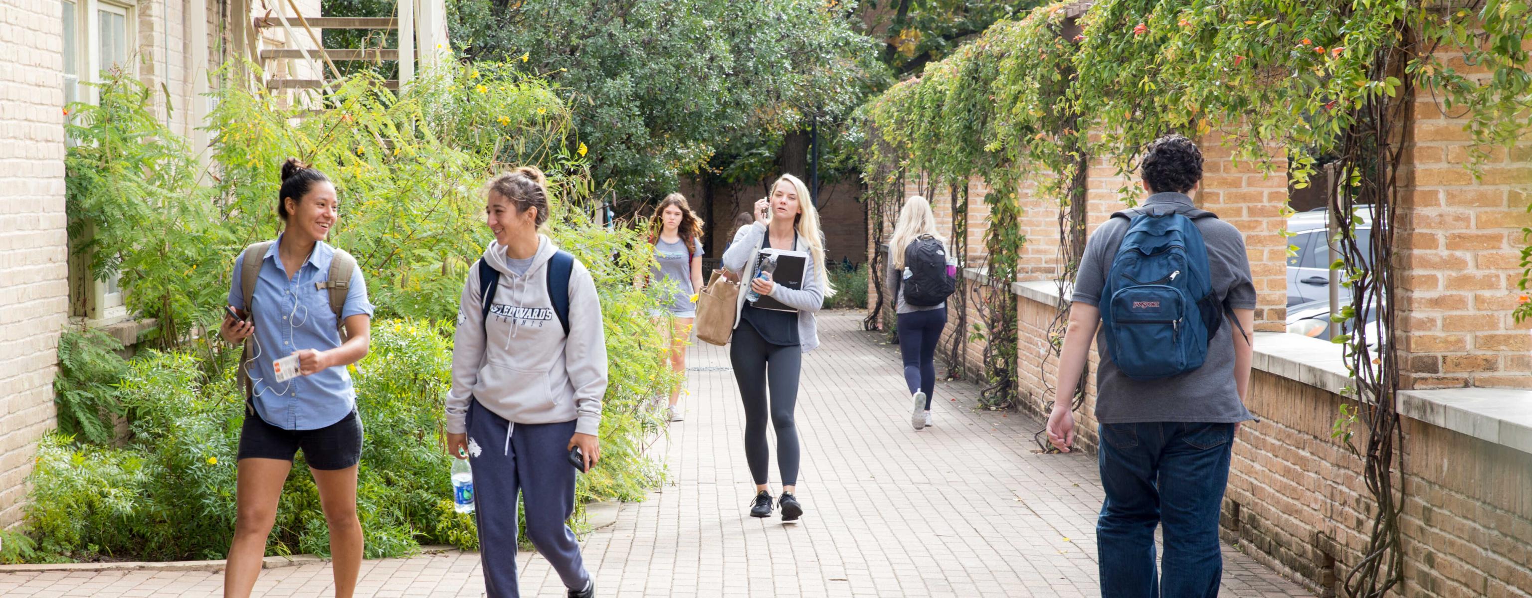 Students walk to and from classes on a a path lined with greenery.