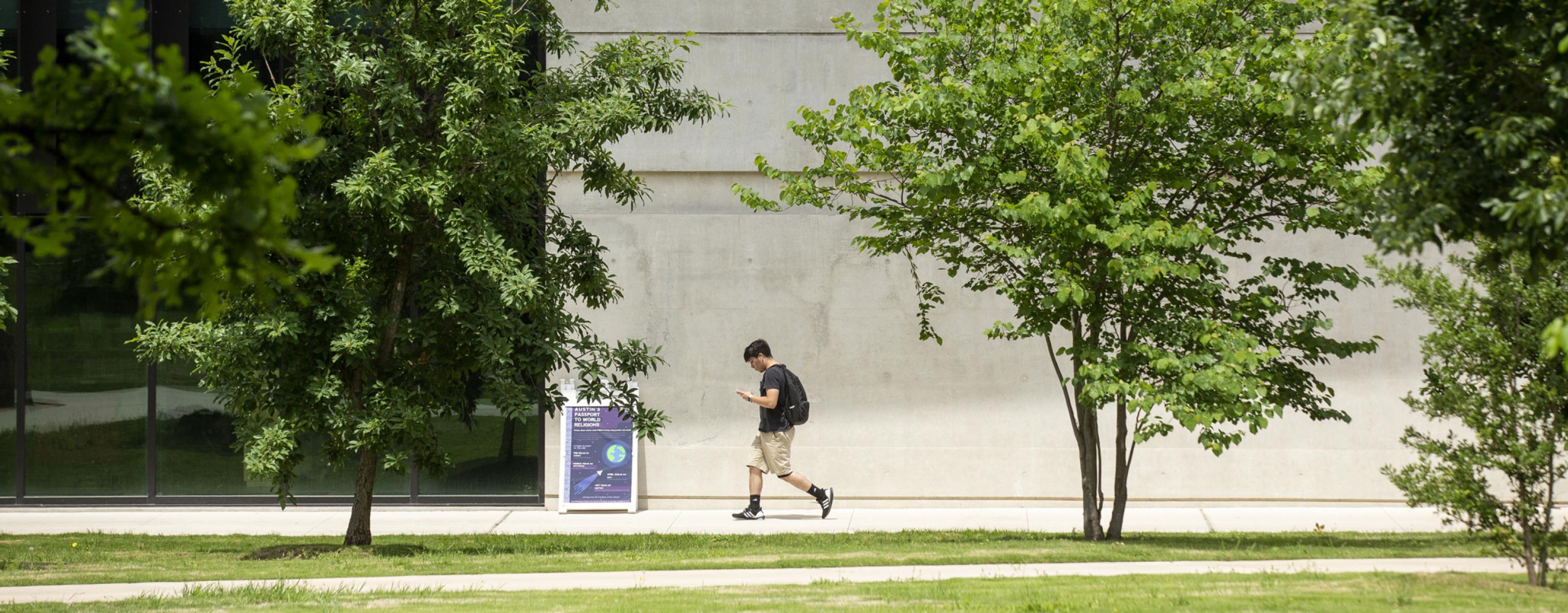 Trees frame a student as they walk on a path in front of Munday Library.