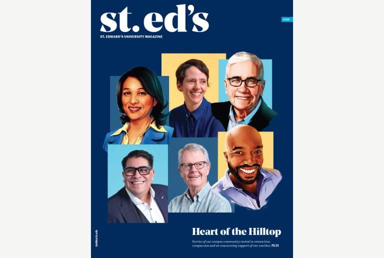 A collage of illustrations of faces over a blue background with the words "Heart of the Hilltop" printed underneath them