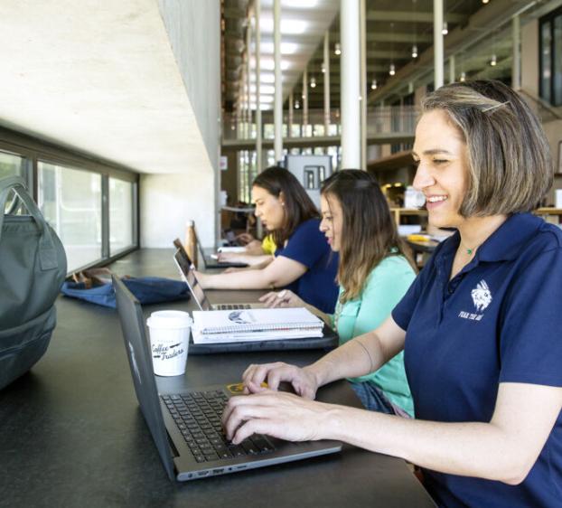 Three people work on laptops at a long table in the library