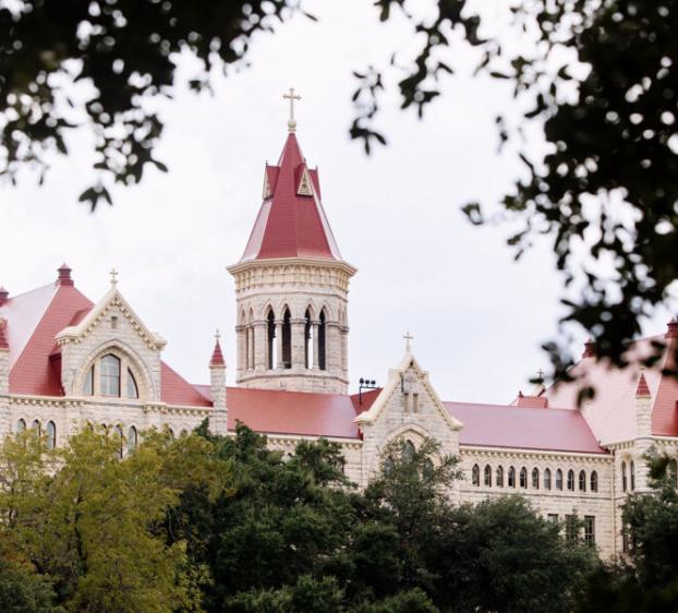 Main Building's roof and steeple are framed by tree branches and leaves in the foreground.