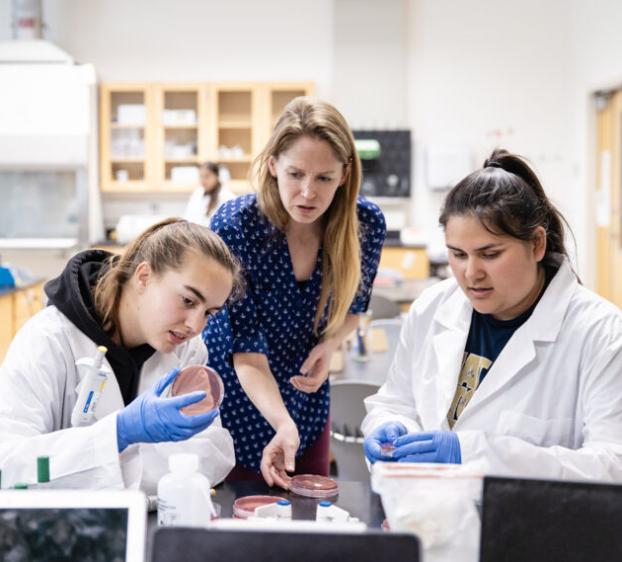 A professor of biological sciences works with St. Edward's students in a lab