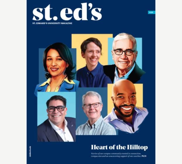 A collage of illustrations of faces over a blue background with the words "Heart of the Hilltop" printed underneath them