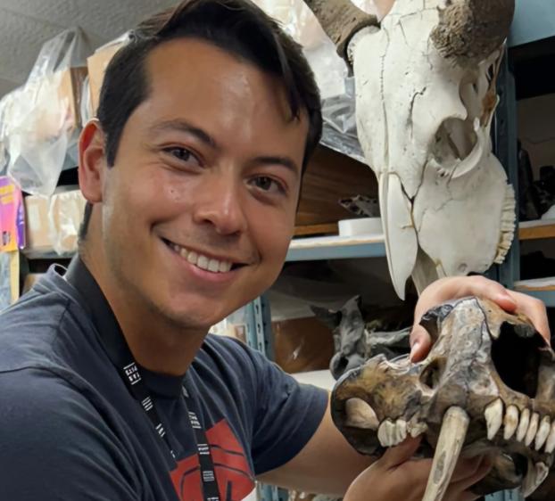 A smiling man with dark hair holds a prehistoric saber-toothed cat skull, showcasing its long, iconic canine teeth. He is in a storage room or museum archive, surrounded by shelves holding other specimens, including a large white bison or cattle skull in the background. He wears a dark t-shirt and a lanyard with the words "La Brea Tar Pits."