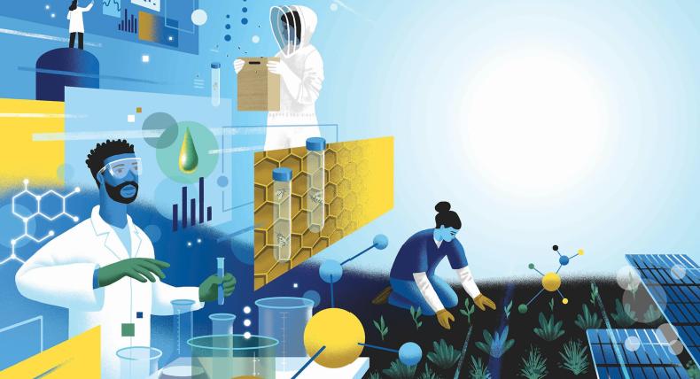 The image portrays a multidisciplinary scientific scene with several elements: a scientist conducting lab work, a beekeeper studying bees, and a person planting crops. Various scientific icons, including molecular structures, honeycomb patterns, and solar panels, suggest research areas like biotechnology, renewable energy, and agriculture. The background is a mix of blue and yellow tones, emphasizing a collaborative and innovative environment.