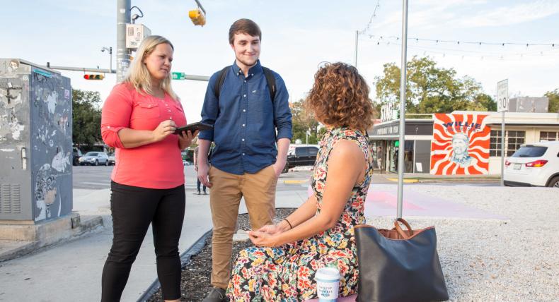 Cheryl O’Connor and undergraduate students research startup ideas in downtown Austin