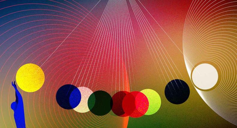 The image is an abstract digital artwork featuring a gradient background transitioning from deep blue to red and yellow tones. Central to the piece are multiple colored circles in various shades, arranged in a line that suggests movement or a sequence. White concentric arcs and radial lines overlay the background, creating a sense of depth and connection. On the left, a blue silhouette of a person reaches upwards towards a large yellow circle, adding a dynamic human element to the composition.