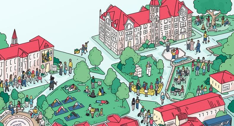 An illustration of an aerial view of campus with people tabling and people sitting and walking around Ragsdale Patio.