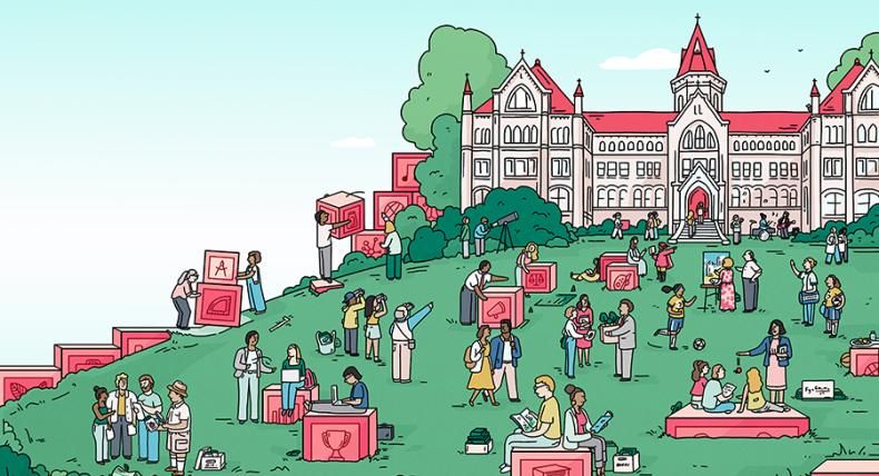 An illustration of people around Main Building.