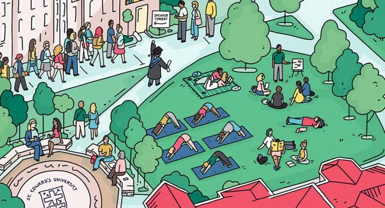 An illustrated aerial view of campus shows people waiting in line for a speaker and people doing yoga on the lawn.