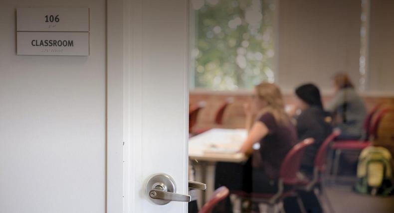 Classroom door at Fleck Hall