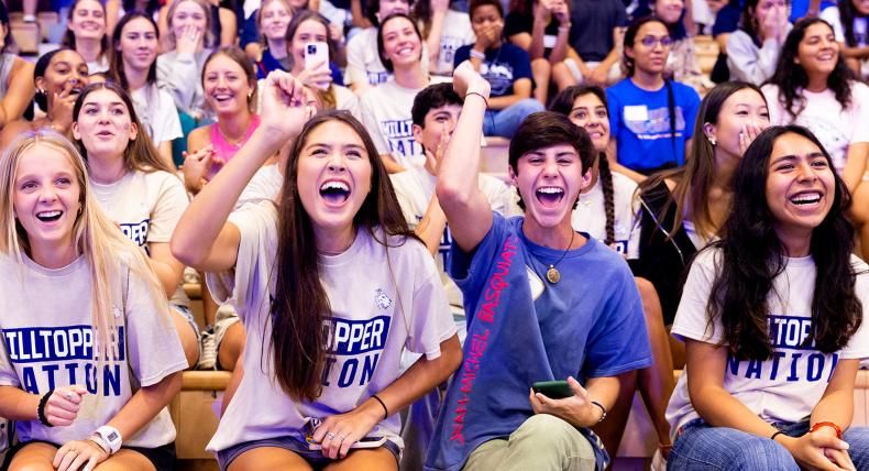 Students getting into the school spirit at a St. Edward's University pep rally