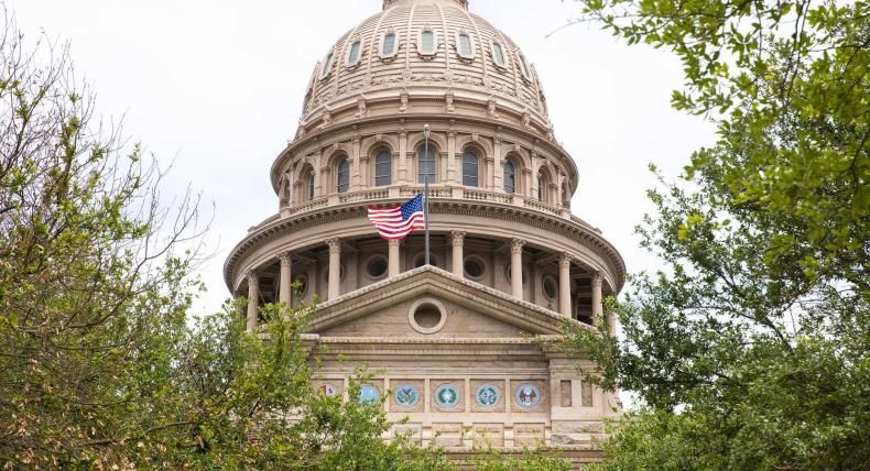 The image depicts the dome of a government building, likely the state capitol of Texas, viewed through surrounding greenery. The dome is intricately detailed with classical architectural elements, including columns and ornamental designs. An American flag is prominently displayed in front of the building, adding to the patriotic atmosphere. The bright, cloudy sky forms the background, while the trees framing the structure provide a natural contrast to the stone architecture.