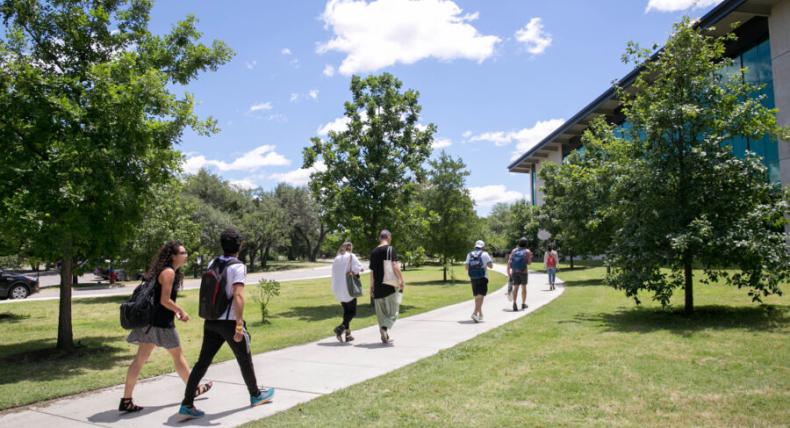 students walking to library