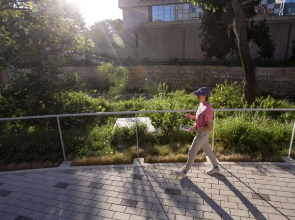 Stella Cunningham walks across a path.