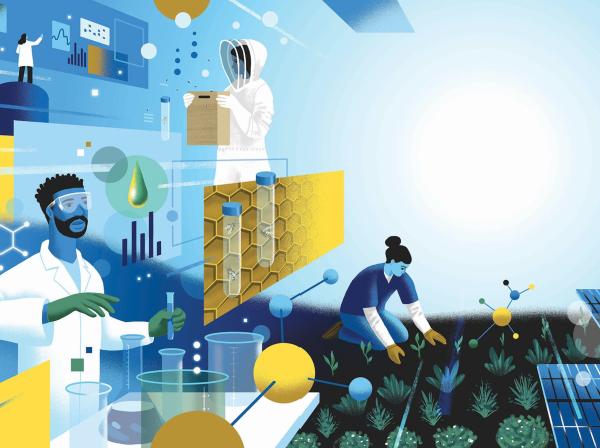 The image portrays a multidisciplinary scientific scene with several elements: a scientist conducting lab work, a beekeeper studying bees, and a person planting crops. Various scientific icons, including molecular structures, honeycomb patterns, and solar panels, suggest research areas like biotechnology, renewable energy, and agriculture. The background is a mix of blue and yellow tones, emphasizing a collaborative and innovative environment.