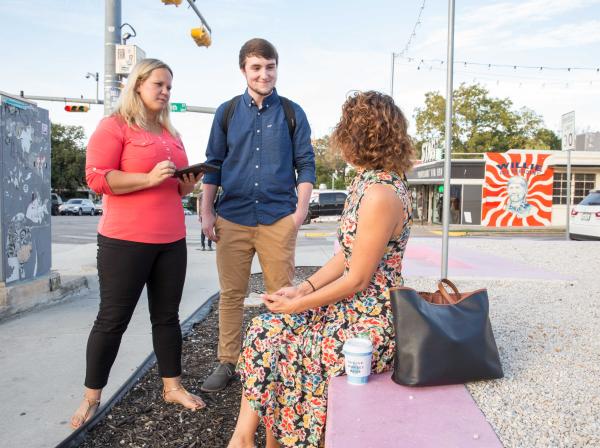 Cheryl O’Connor and undergraduate students research startup ideas in downtown Austin