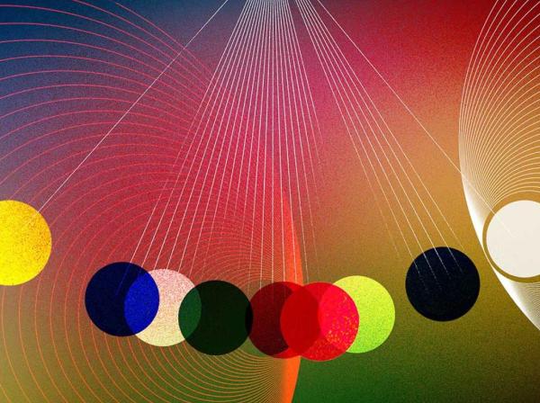 The image is an abstract digital artwork featuring a gradient background transitioning from deep blue to red and yellow tones. Central to the piece are multiple colored circles in various shades, arranged in a line that suggests movement or a sequence. White concentric arcs and radial lines overlay the background, creating a sense of depth and connection. On the left, a blue silhouette of a person reaches upwards towards a large yellow circle, adding a dynamic human element to the composition.