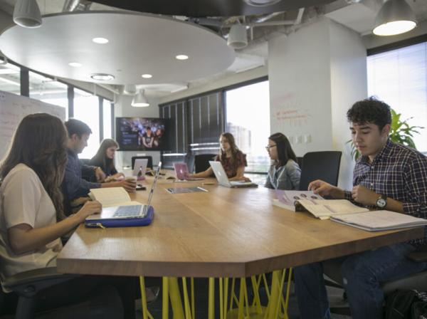 St. Edward's students meet in a conference room in the Capitol Factory.