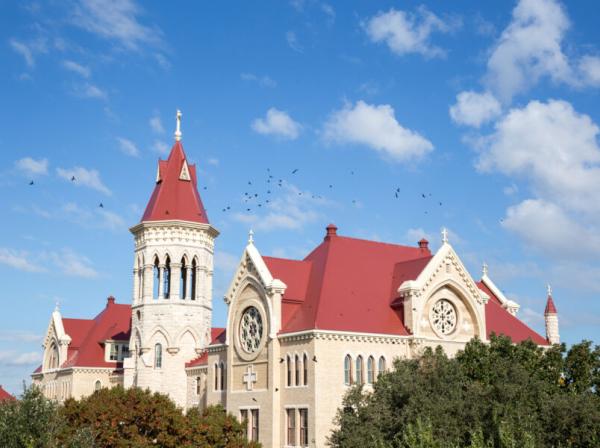 An aerial view of a flock of birds flying over Main Building on a sunny, blue sky day with a few clouds.