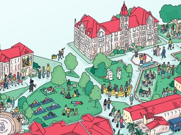 An illustration of an aerial view of campus with people tabling and people sitting and walking around Ragsdale Patio.