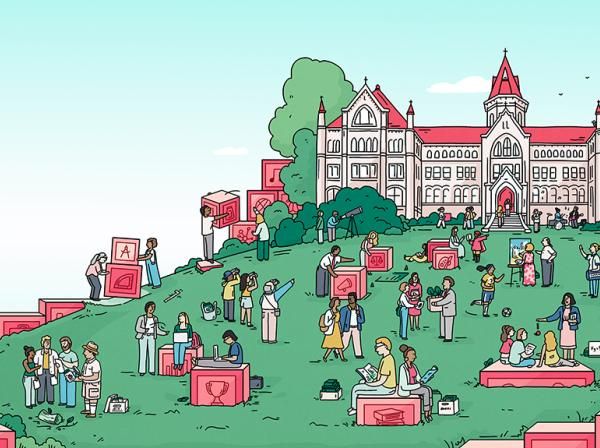 An illustration of people around Main Building.