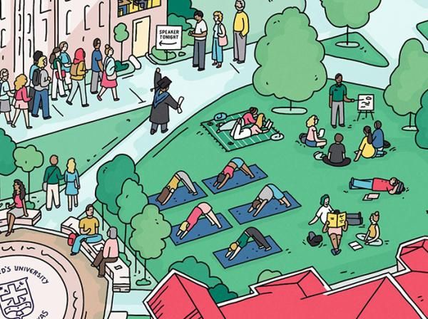 An illustrated aerial view of campus shows people waiting in line for a speaker and people doing yoga on the lawn.