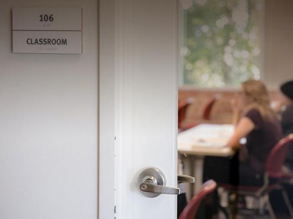 Classroom door at Fleck Hall