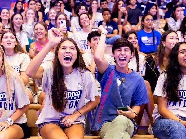 Students getting into the school spirit at a St. Edward's University pep rally