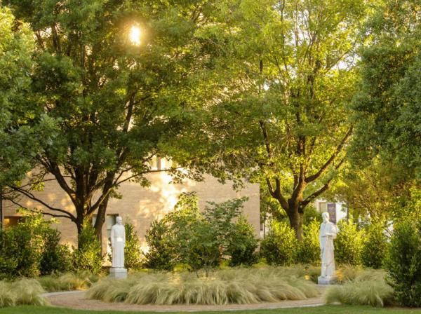 photo of trees on campus and religious statues