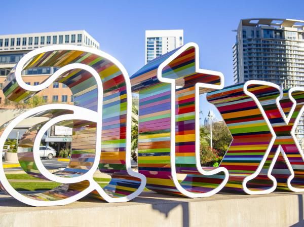 Colorful ATX letters in downtown Austin.