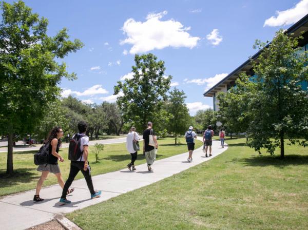 students walking to library