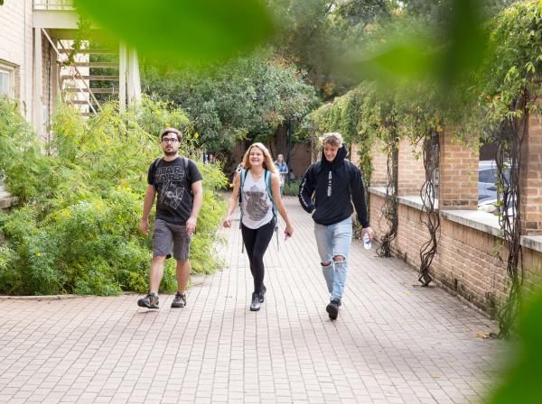 This image shows three young adults walking along a brick-paved path between buildings, surrounded by greenery. The group includes two men and one woman, all casually dressed. The woman in the center is smiling, wearing a backpack, while the man on the left wears a Star Wars t-shirt and the man on the right wears a black hoodie with ripped jeans. The atmosphere is relaxed, with the path framed by plants and vines growing on the walls.