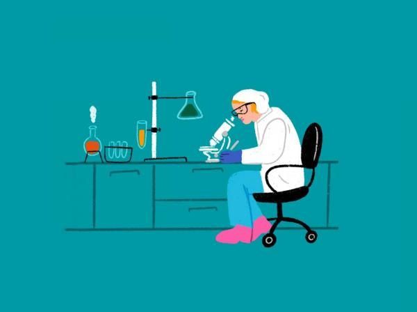 The image is an illustration of a scientist working in a laboratory. The scientist, wearing a white lab coat, glasses, gloves, and a cap, is seated on a black chair and is looking through a microscope placed on a lab bench. The lab bench also has various lab equipment, including test tubes, a flask with a dark green liquid, a beaker with an orange substance emitting steam, and another flask connected to a stand. The background is teal, giving the scene a modern, clean look.