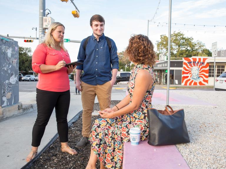 Cheryl O’Connor and undergraduate students research startup ideas in downtown Austin